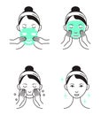 Facial mask sheet applying vector. Girl shows steps how to cleaning, whiting face and use cosmetic mask. Info-graphic in outline
