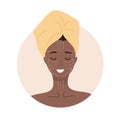 Facial massage. African woman portrait with lymphatic massage scheme. Morning routine. Skin care concept. Vector
