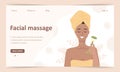 Facial massage and skin care concept. Landing page template. Woman do cosmetic spa procedures for face with jade roller Royalty Free Stock Photo
