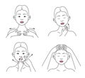 Facial massage. Facial skin care at home, infographic vector set. Beautiful girl applies cream, tonic, gel on the skin.