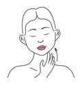 Facial, neck massage. Facial skin care at home, infographic vector icon. Beautiful girl applies cream, tonic, gel on the