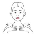 Facial, neck massage. Facial skin care at home, infographic vector icon. Beautiful girl applies cream, tonic, gel on the