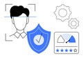Facial Recognition and Data Security Concept with Shield, Gears, and Rating Elements Royalty Free Stock Photo