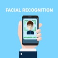 Facial Recognition Concept Hand Holding Smartphone Scanning Of Male Face Biometrics Scan Access Technology Concept