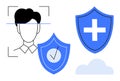 Facial Recognition and Data Security Concept with Shield and Cloud Elements Royalty Free Stock Photo