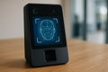 Facial recognition device displayed on wooden table in modern office environment Royalty Free Stock Photo