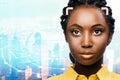 Facial recognition grid on african woman against city background
