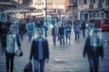 Facial recognition system identifying people on city street. Generative AI Royalty Free Stock Photo