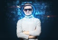 Young man on dark background, face recognition concept Royalty Free Stock Photo