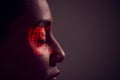 Facial Recognition Technology Concept As Woman Has Red Grid Projected Onto Eye In Studio