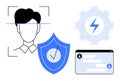 Facial Recognition, User Authentication, Shield with Checkmark, and Chat Interface with Gear Icon Royalty Free Stock Photo