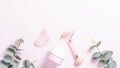 Facial roller, gua sha and moisturizing cream with green leaves, web banner. Facial tools on pink. Rose quartz beauty Royalty Free Stock Photo