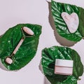 Facial roller, gua sha and moisturizing cream on green leaves. Natural cosmetics and facial tools on pink. Rose quartz beauty Royalty Free Stock Photo