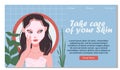 Facial sheet mask landing page. Woman using a mask for her skin. Vector illustration in flat style Royalty Free Stock Photo