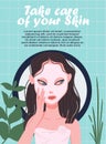 Facial sheet mask poster. Woman using a mask for her skin. Take care of your skin. Vector illustration in flat style. Royalty Free Stock Photo