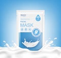 Facial sheet mask sachet package and abstract splashes. Vector realistic illustration isolated on blue background.