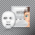 Facial sheet mask with sachet. Vector mock up template. Beauty product package on transparent background