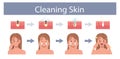 Facial skin care, pore cleaning concept. woman with Cleansing stages on clogged face. Skin cleaning steps. Vector cartoon