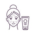 Facial skin scrubbing black line icon. Young female and plastic tube with scrub. Skin care. SPA, Cosmetic procedures. Pictogram