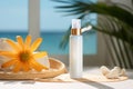 Facial spray with sunscreen for sensitive skin, mock-up, blurred background