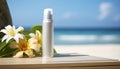 Facial spray with sunscreen for sensitive skin, mock-up, blurred background