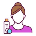 Facial toning line color icon. Faceless girl and tonic and sponge. Isolated vector element. Outline pictogram for web