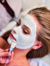 Facial treatment of woman. Clay face mask and beautician hands.