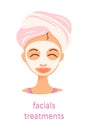 Facial treatments vector illustration on blue background with text