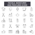 Facials, manicures and pedicures line icons for web and mobile design. Editable stroke signs. Facials, manicures and