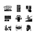 Facilities for people with disabilities black glyph icons set on white space
