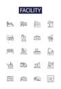 Facility line vector icons and signs. Building, Site, Complex, Place, Area, Room, Locale, Hall outline vector