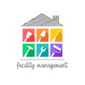 Facility management service with house or building and colorful work tool icon set