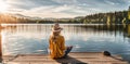 Facing back young woman , sitting on wooden pier on shore beautiful mountain lake at sunrise or Royalty Free Stock Photo