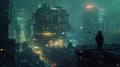 Facing cyberpunk adversaries in a desolate urban landscape. Copy Space Royalty Free Stock Photo