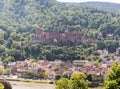 A facing elevated view of the castle of Heidelberg in Germany with the town and river below