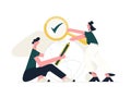 Fact check concept. Male and female characters with magnifying glass and pencil checking Earth. Flat vector illustration Royalty Free Stock Photo