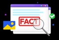 Fact Checking Icons Design in Modern soft gradient style with magnify glass and shapes. Isolated web screen design with design