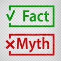 Fact and myth grunge rubber stamp isolated on transparent background. True or fiction with check mark and cross. Green Fact and