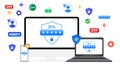 2 Factor Authentication code for security concept on multiple devices, background with colorful shapes. Cyber security, protected