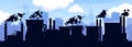 Factories silhouette background. Urban industrial buildings with smokestacks, refinery, chemical plant and oil refinery