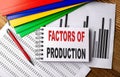 FACTORS OF PRODUCTION text on a notebook with pen, folder on a chart background Royalty Free Stock Photo