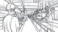 Factory Workers in Hard Hats Inspecting Industrial Machinery, Manufacturing Plant Line Art Royalty Free Stock Photo