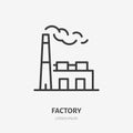 Factory building line icon, vector pictogram of heavy industry. Plant with smoke from chimney illustration, manufacture