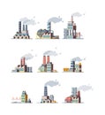 Factory buildings. Industrial urban power constructions with pipelines vector factory flat pictures