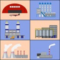 Factory buildings and power plants icons. Flat design.