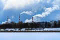 Factory chimneys with thick smoke coming out of them. smoking pipes of harmful chemical production