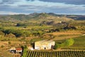 Factory of cold meat between vineyards in La Rioja and Davalillo castle at background Royalty Free Stock Photo