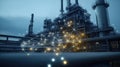Factory complex at night with interconnected devices network. Industrial plant shows smart tech integration. Automation