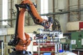 Factory 4.0 concept: View of fork gripper on palletizing robot in smart warehouse