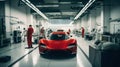 Factory construction engineering works of a modern red sport car in big workshop. Generative AI Royalty Free Stock Photo